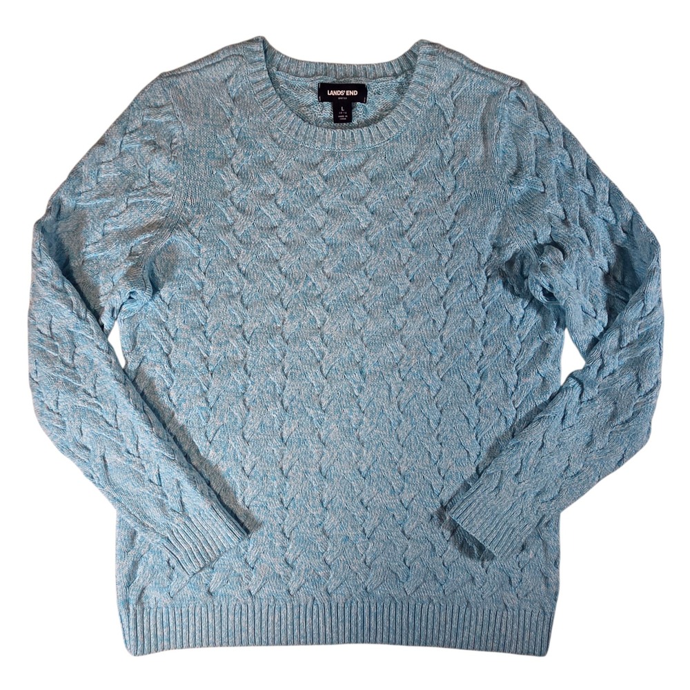 Lands End Womens Crewneck Cable Knit Sweater Blue Cotton Size Large Cozy Winter